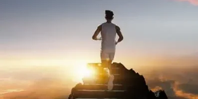 Running up steps.