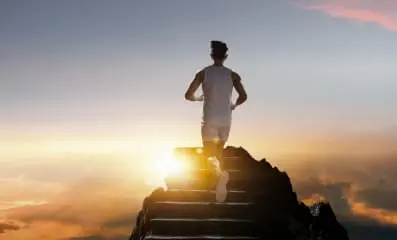 Running up steps.