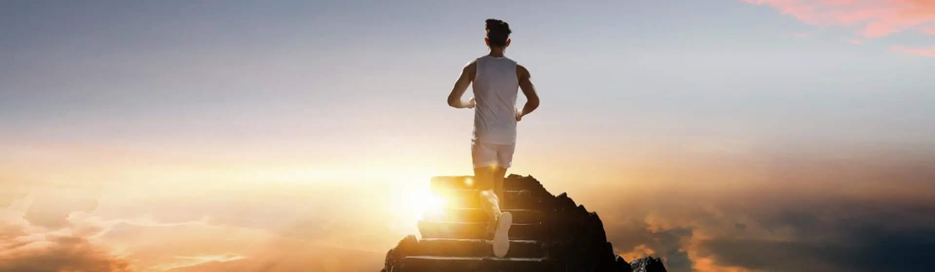 Running up steps.