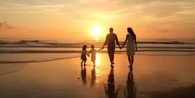 family walking on beach.