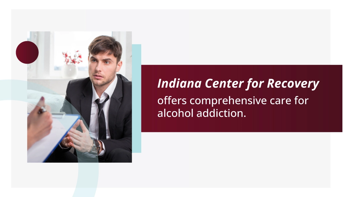 Man in suit speaking to a doctor with a clipboard. Indiana Center for Recovery offers comprehensive care for alcohol addiction.