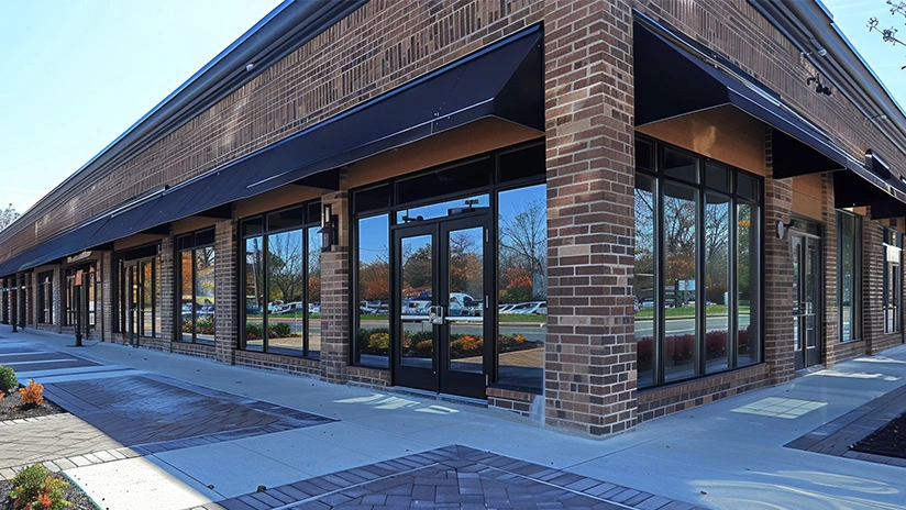 A modern brick storefront with large glass windows and black awnings extends along a paved walkway. The reflection in the windows shows a parking lot with trees and vehicles in the background, indicating a commercial or retail area. The design is clean and contemporary, with neatly maintained landscaping.