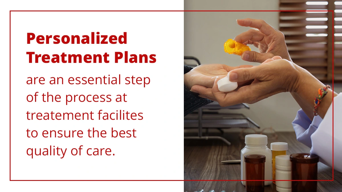 Personalized Treatment Plans are an essential step of the process at treatment facilities to ensure the best quality of care." The image shows a healthcare professional handing medication to a patient, with various pill bottles on a table