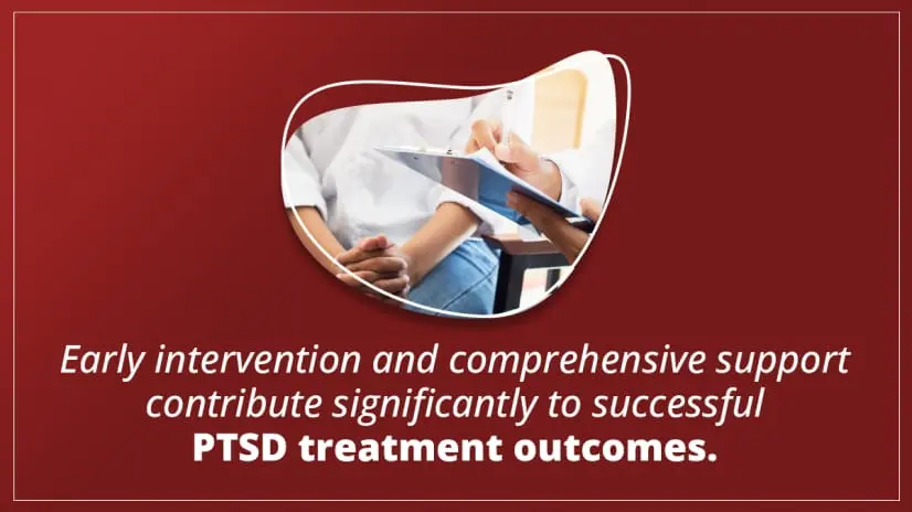 White text red background: Early intervention and comprehensive support contribute significantly to successful PTSD treatment outcomes.