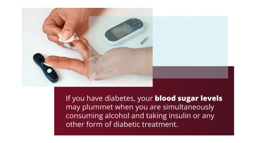 Finger prick test. Text: If you have diabetes, your blood sugar levels may plummet when you are consuming alcohol and taking insulin.