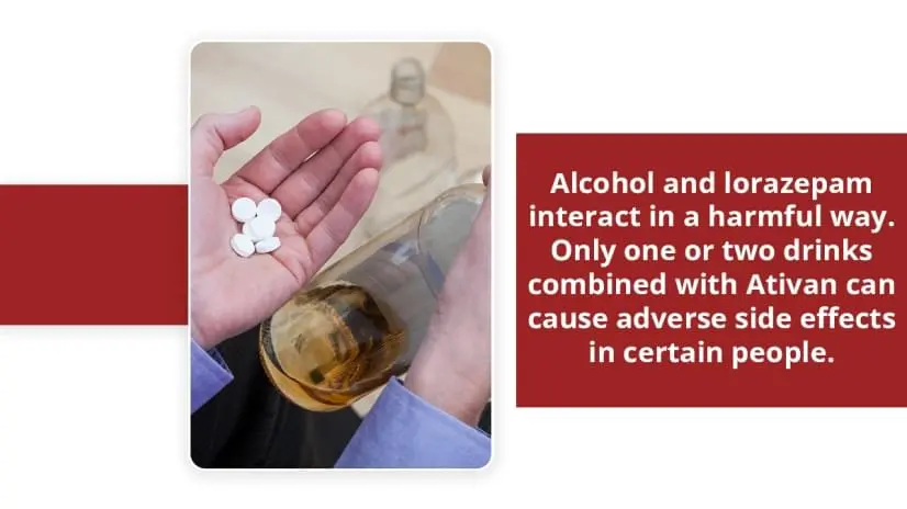 Explained text: Alcohol and lorazepam interact in a harmful way. Only one or two drinks combined with Ativan can cause adverse side effects in certain people.