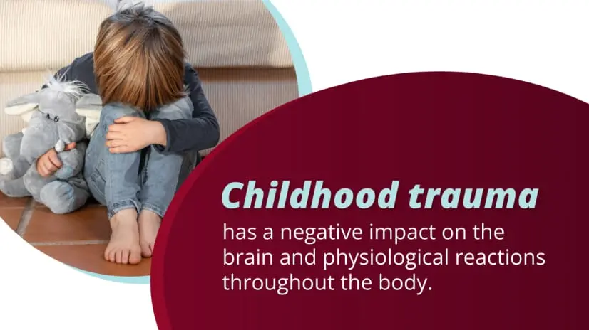 Image: Child crying. Text: Childhood trauma has a negative impact on the brain and physiological reactions throughout the body.