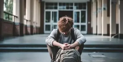 Sad college student looking down.