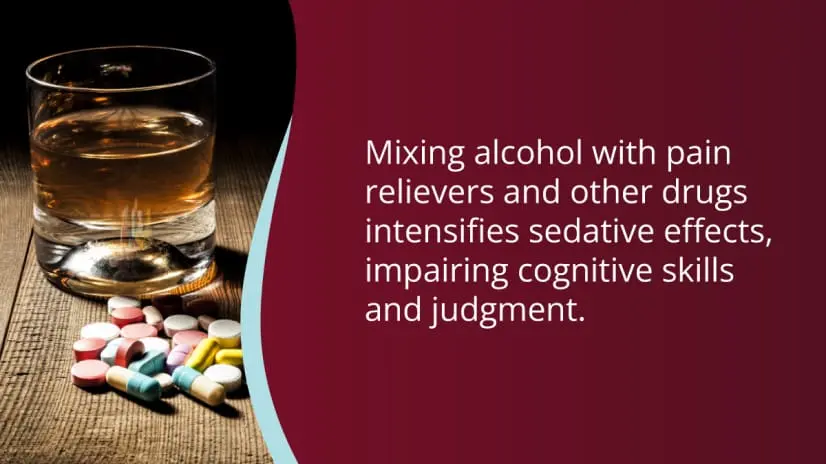 Glass of alcohol next to a pile of pills. Mixing alcohol with drugs intensifies sedative effects, impairing cognitive skills and judgment.