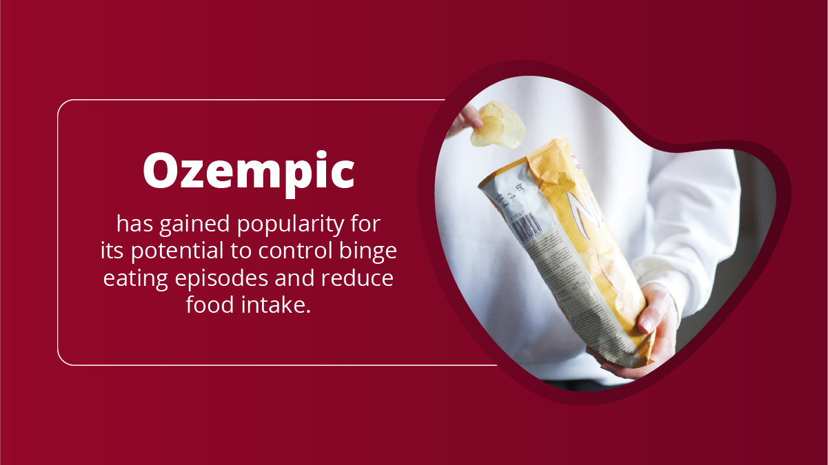 
Text on a red background reads Ozempic has gained popularity for its potential to control binge eating episodes and reduce food intake. Next to the text, there is an image of a person holding a bag of potato chips and taking a chip out of the bag.