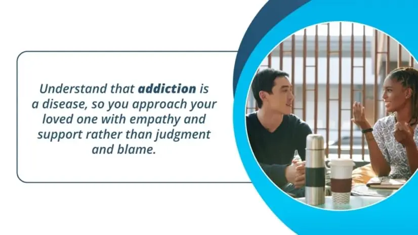 Woman speaking to man over coffee. She approaches him with empathy, as you should when confronting someone about their addiction.