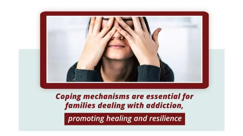 Woman covering her face with her hands. Graphic explains the importance of coping mechanisms when dealing with addiction.