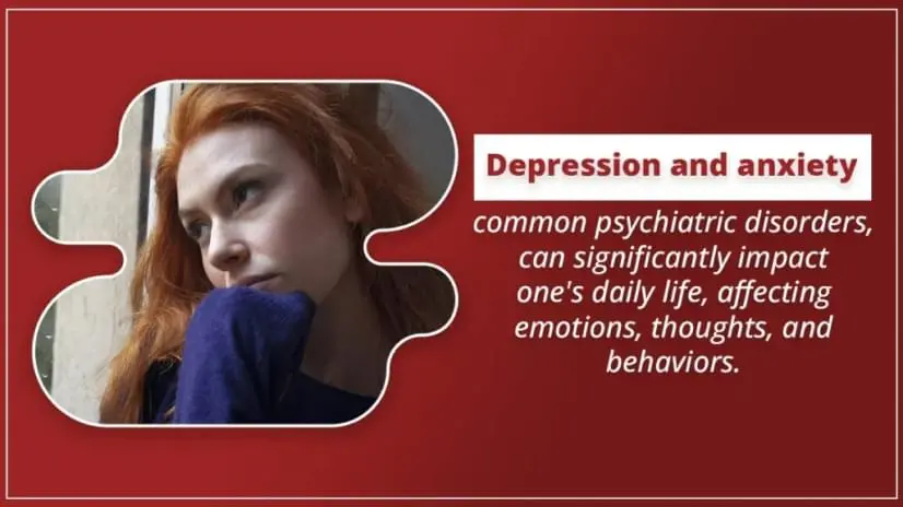 White text on red background: Depression and anxiety can impact daily life, emotions, thoughts, and behaviors. 