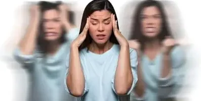Woman in blue shirt with various emotions, representing bipolar disorder. White text on red background explains bipolar disorder is genetic.