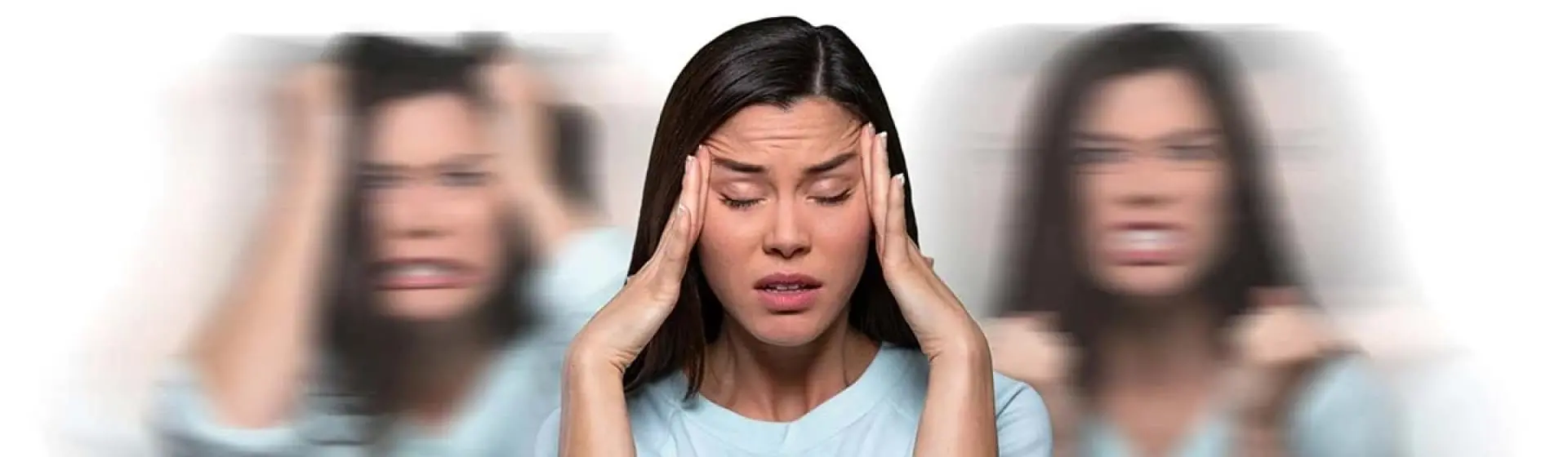 Woman in blue shirt with various emotions, representing bipolar disorder. White text on red background explains bipolar disorder is genetic.