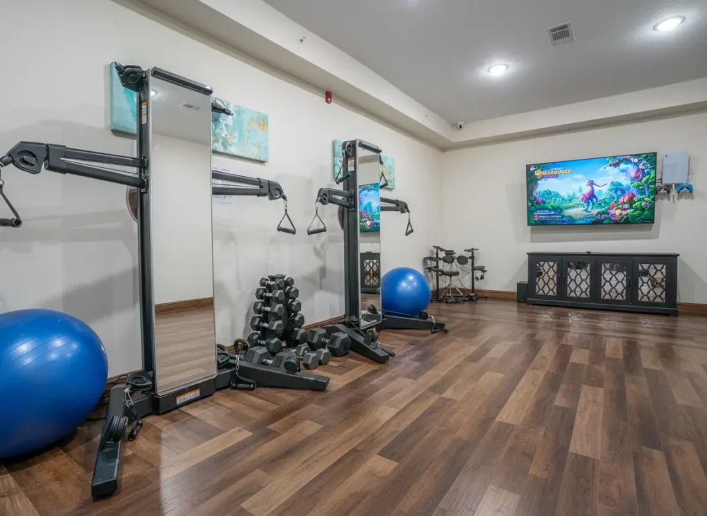 Bright game and fitness room with wood floors, cable weight machines, dumbbells, exercise balls, drum game set, and a wall-mounted TV.