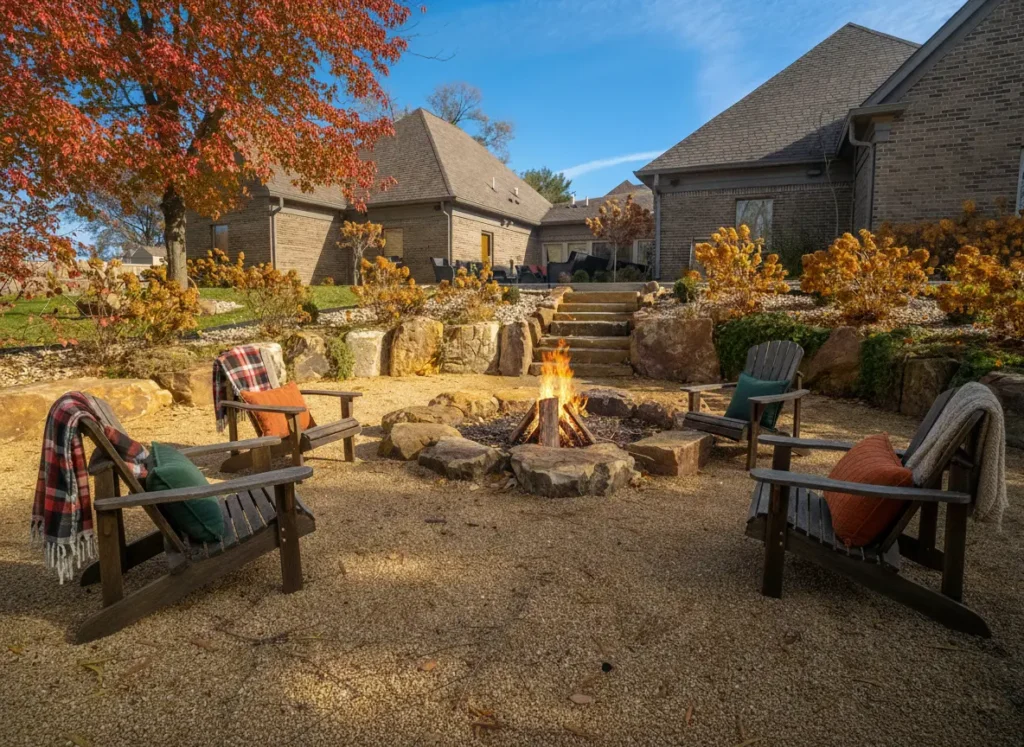 Outdoor fire pit seating area with Adirondack chairs, blankets, and autumn landscaping beside brick buildings under a clear blue sky.