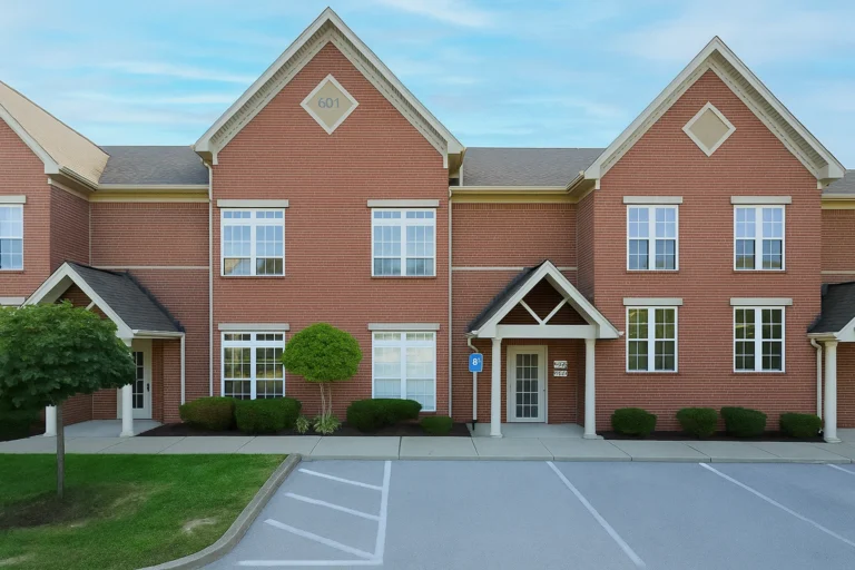 Front view of a red brick Indiana Center for Recovery - Jeffersonville building with white-trimmed windows, peaked roofs, landscaped shrubs, and parking spaces in front.