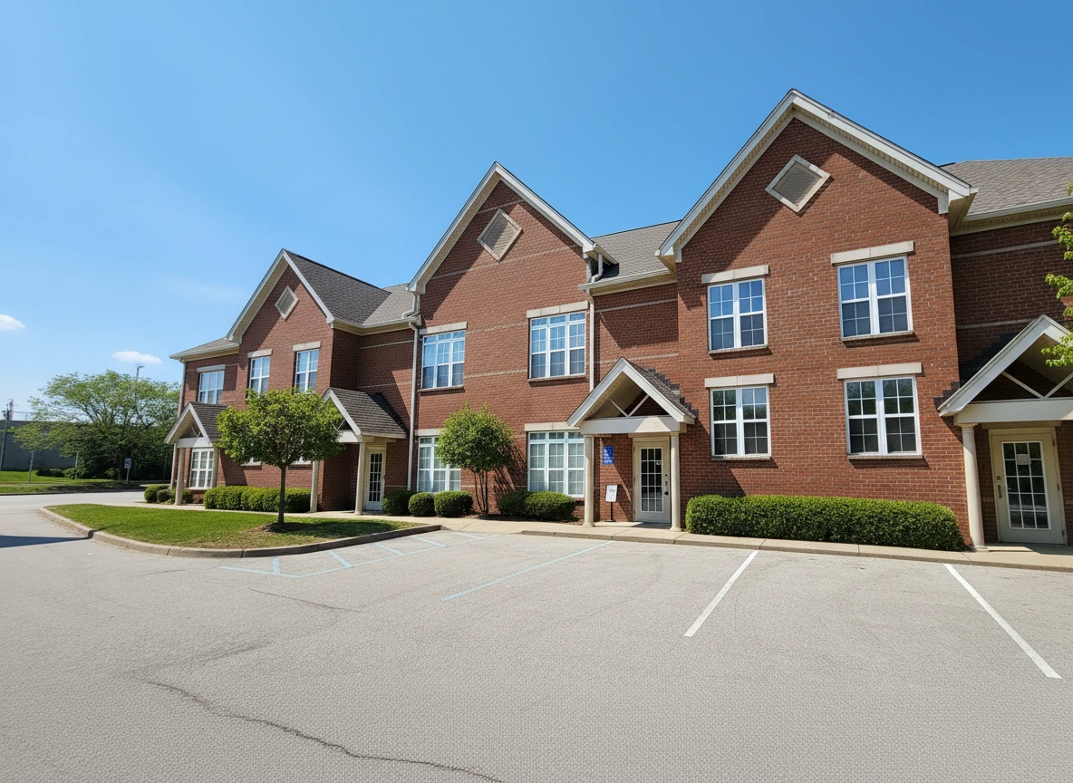 Exterior of Indiana Center for Recovery Jeffersonville showing a multi-story red brick building with white-trimmed windows, small entry awnings, and an empty parking lot under a clear blue sky.