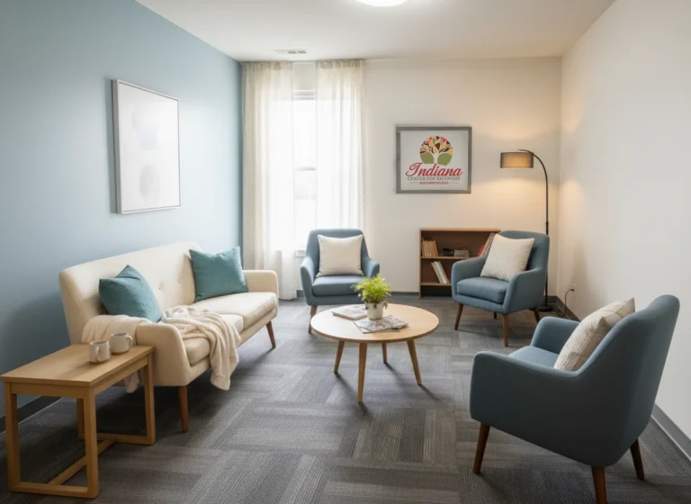 Comfortable therapy room at Indiana Center for Recovery Jeffersonville with a cream sofa, blue armchairs, round coffee table, floor lamp, and soft natural light through sheer curtains.