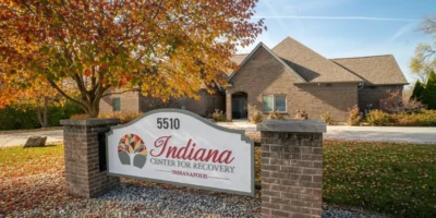 Front entrance of the Indiana Center for Recovery in Indianapolis, with the facility’s main sign reading “5510 Indiana Center for Recovery” surrounded by fall foliage.