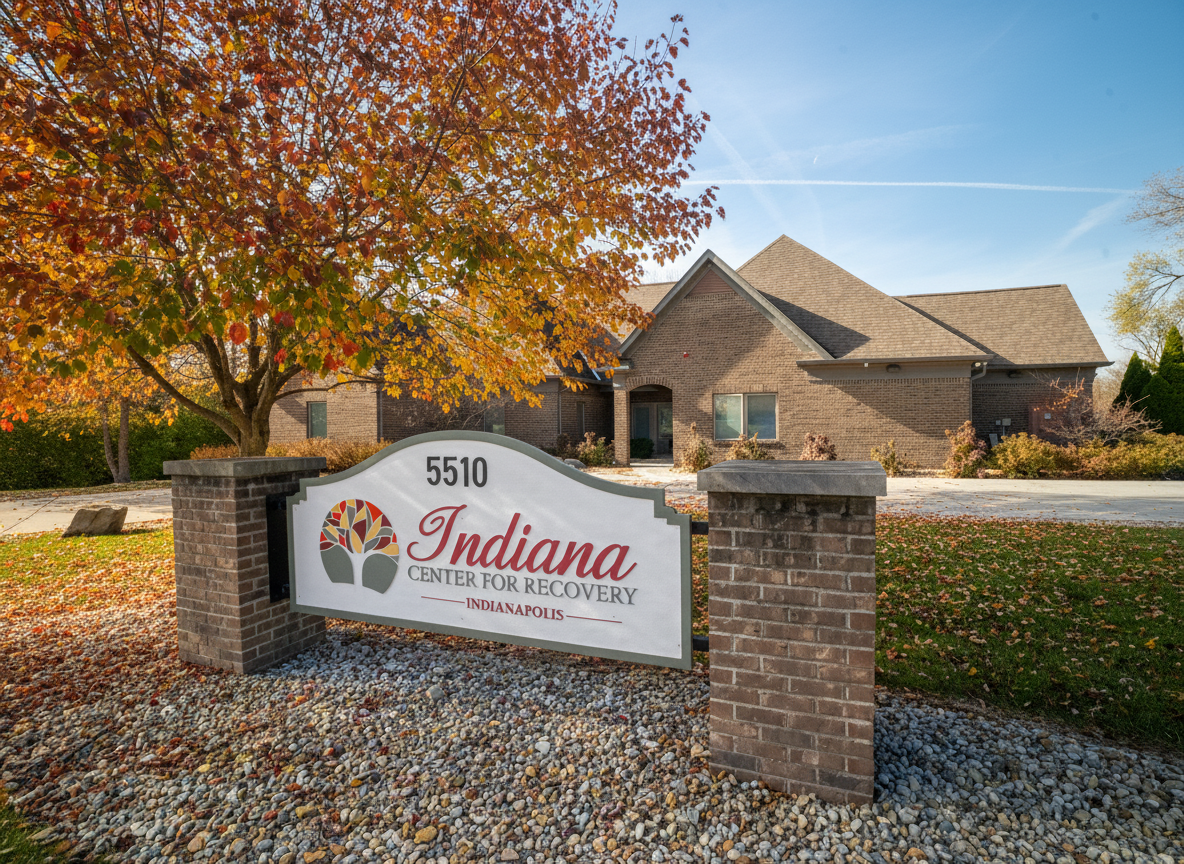 Front entrance of the Indiana Center for Recovery in Indianapolis, with the facility’s main sign reading “5510 Indiana Center for Recovery” surrounded by fall foliage.