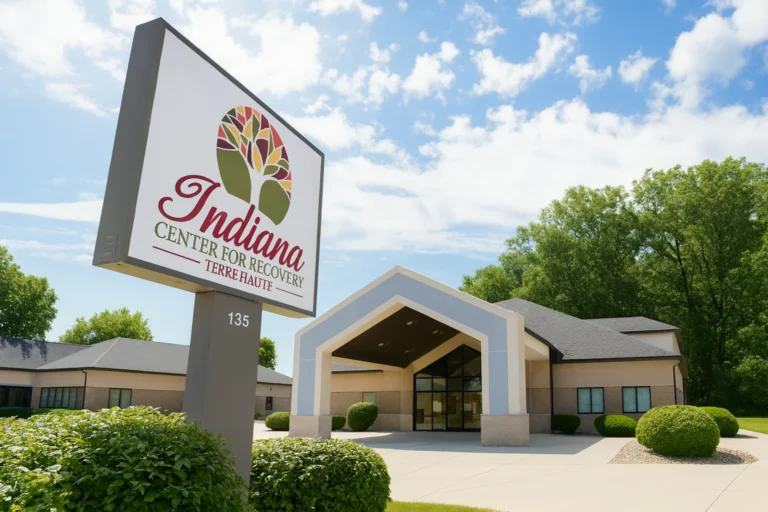 Front angle view of the Indiana Center for Recovery - Terre Haute facility with large covered entryway, brick and tan exterior, and neatly landscaped shrubs.