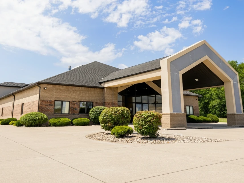 Front exterior of the Indiana Center for Recovery Terre Haute building with a large covered entrance, brick facade, landscaped shrubs, and a bright blue sky with scattered clouds.
