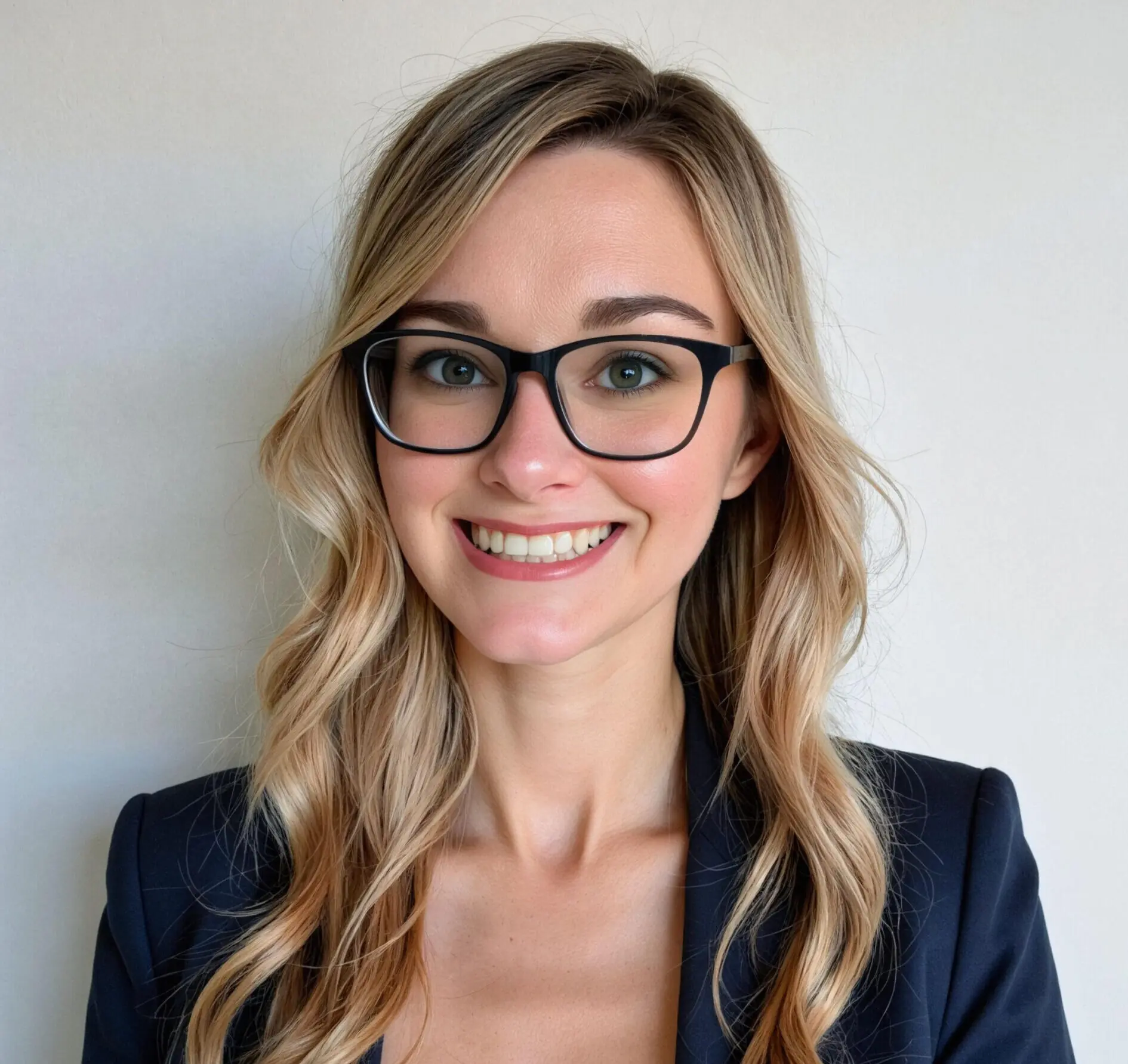 Professional headshot of a smiling woman with blonde hair and glasses, wearing a dark blazer, photographed against a clean, neutral background.
