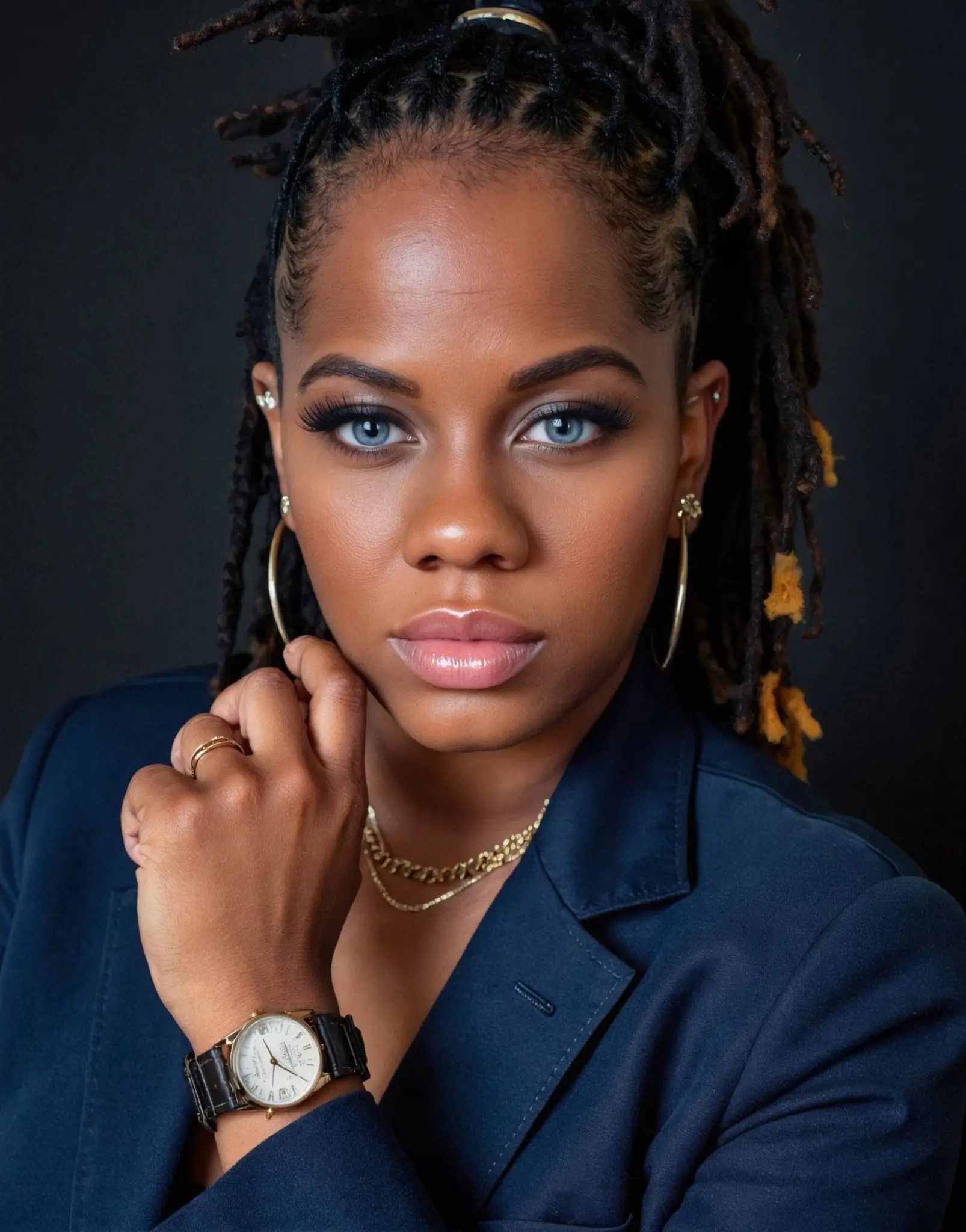 Professional headshot of a woman with styled locs wearing a navy blazer, gold jewelry, and a wristwatch, posed confidently against a dark background.