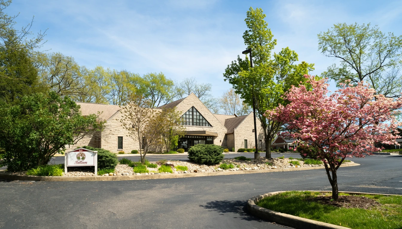 Wide exterior view of Indiana Center for Recovery Bloomington building with a stone facade, landscaped frontage, and blooming pink trees under a clear blue sky.