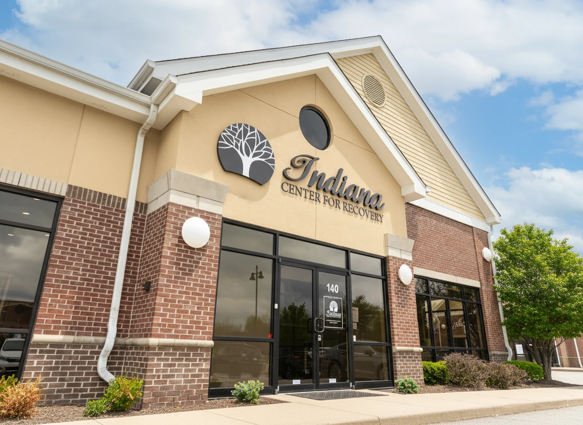 Front entrance of Indiana Center for Recovery Carmel with brick facade, large logo signage above glass doors, and landscaping under a partly cloudy sky.