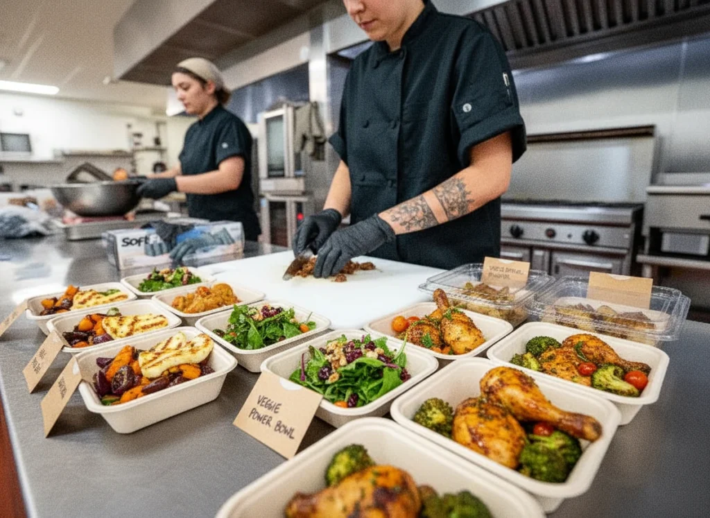 Kitchen staff in black chef uniforms preparing catered meals, with multiple plated entrée and salad containers lined up on a stainless-steel counter.