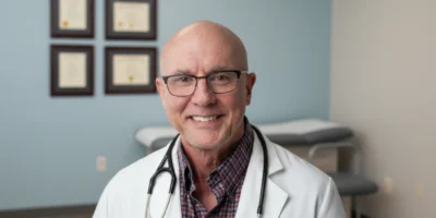 Smiling male doctor in a white lab coat with a stethoscope, standing in a medical exam room with framed certificates on a blue wall behind him.