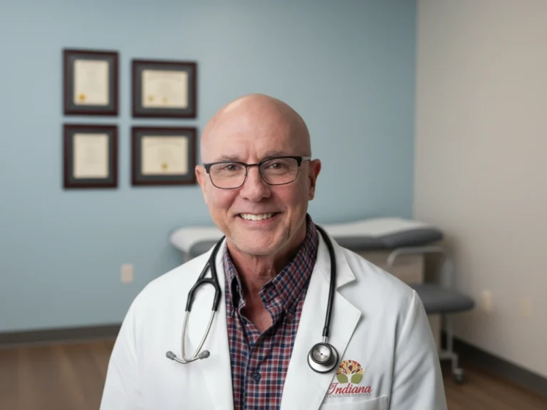 Smiling male doctor in a white lab coat with a stethoscope, standing in a medical exam room with framed certificates on a blue wall behind him.