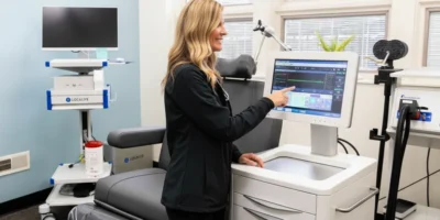 Clinician standing beside a TMS treatment chair, pointing at the touchscreen control panel of a Transcranial Magnetic Stimulation machine in a bright medical room.