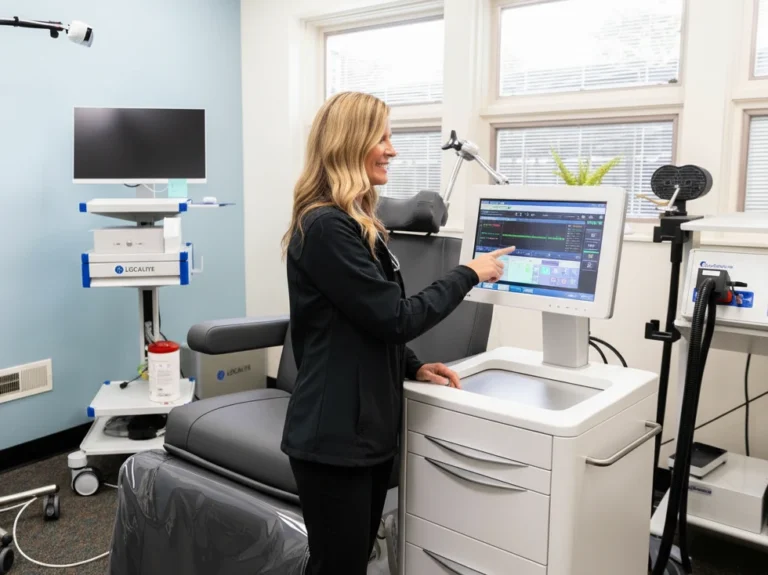 Clinician standing beside a TMS treatment chair, pointing at the touchscreen control panel of a Transcranial Magnetic Stimulation machine in a bright medical room.