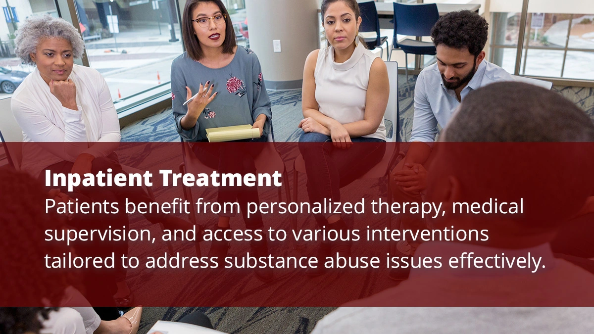 
A text box at the bottom reads, "Inpatient Treatment: Patients benefit from personalized therapy, medical supervision, and access to various interventions tailored to address substance abuse issues effectively." The background image shows a diverse group of people sitting in a circle, engaged in a discussion. One woman is speaking and gesturing with her hands while holding a notepad, indicating a group therapy or support session in a bright, modern room.
