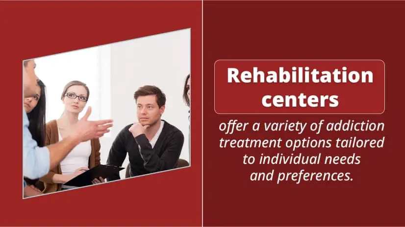Adults in group therapy. Rehabilitation centers offer a variety of addiction treatment options tailored to individual needs and preferences.