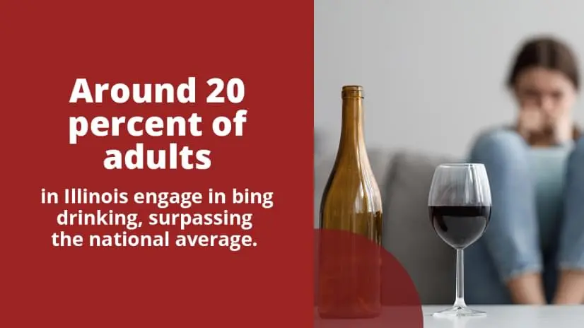 Woman staring at glass of wine. Around 20 percent of adults in Illinois engage in binge drinking, surpassing the national average.