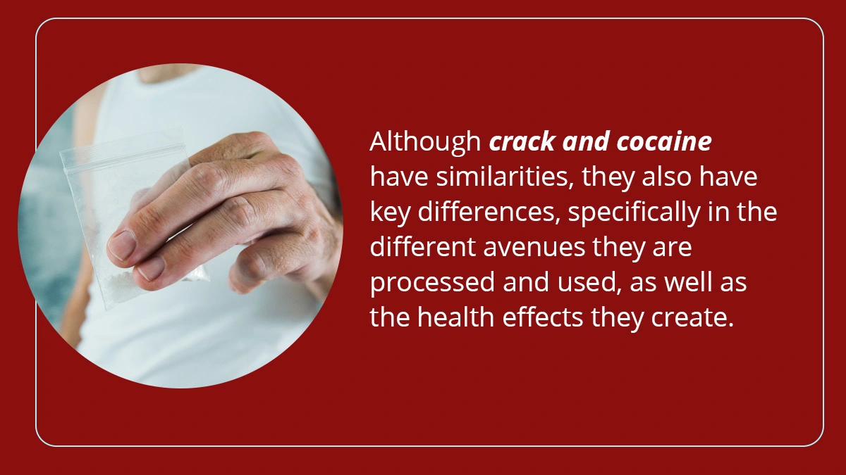 
A text box on the right reads, "Although crack and cocaine have similarities, they also have key differences, specifically in the different avenues they are processed and used, as well as the health effects they create." On the left, an image shows a close-up of a hand holding a small plastic bag containing a white substance, likely representing a drug. The background is slightly blurred, focusing attention on the hand and the bag.