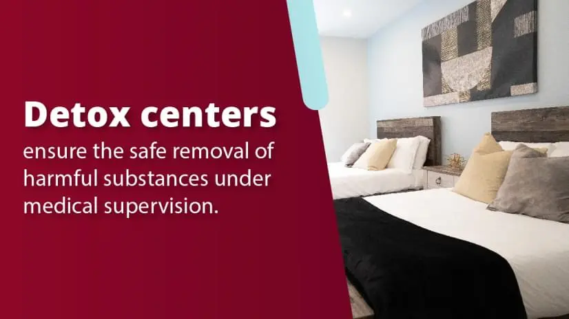 Image: Bedroom at Indiana Center for Recovery. Text: Detox centers ensure the safe removal of harmful substances under medical supervision