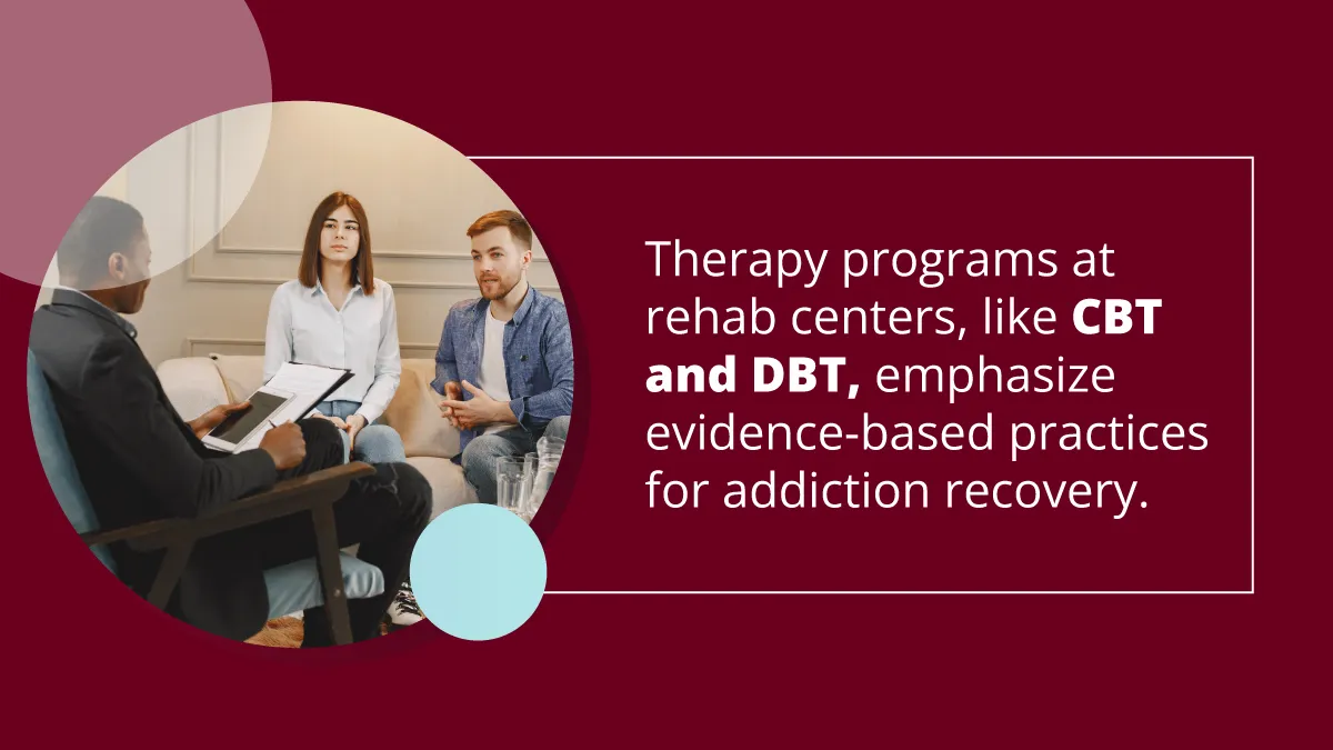 Adults in couples therapy. Therapy programs at rehab centers, like CBT and DBT, emphasize evidence-based practices for addiction recovery.