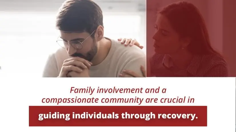 Woman comforting a man. Family involvement and a compassionate community are crucial in guiding individuals through recovery.