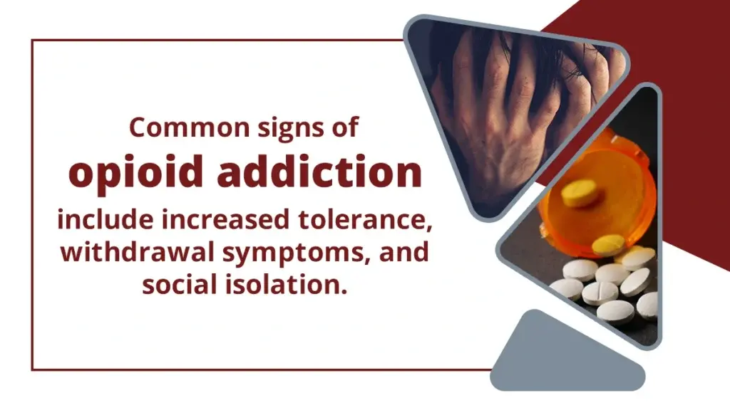 Close up of a person hiding their face in their hands. Image of prescription painkillers. Text shares common signs of an opioid addiction.