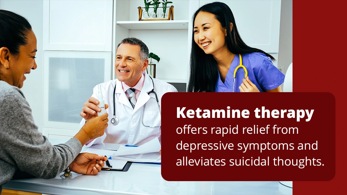 Closeup of an arm receiving an IV. Text: Ketamine therapy offers rapid relief from depressive symptoms and alleviates suicidal thoughts.
