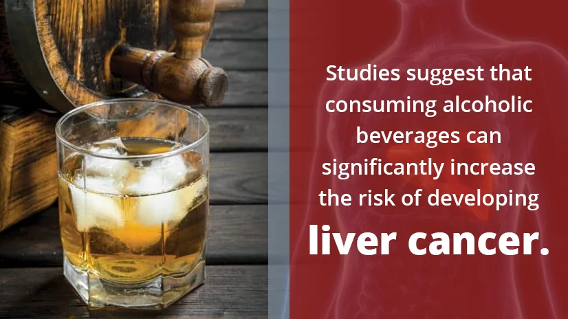 image of alcohol with a graphic describing how it cause liver cancer