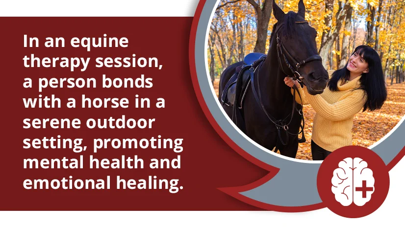 In an equine therapy session, a person bonds with a horse in a serene outdoor setting, promoting mental health and emotional healing.