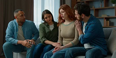 A supportive family gathered around a dining table, listening attentively to a young adult sharing their thoughts during therapy.