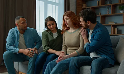 A supportive family gathered around a dining table, listening attentively to a young adult sharing their thoughts during therapy.
